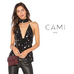 Cami NYC Medium Cami Tank Top White Blouse Sleeveless Black Star Print The Ellie
